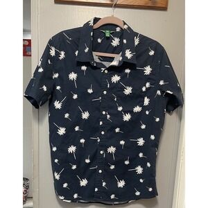 Navy Blue Button-Down Short Sleeve Shirt Dip Brand White Palm Print Men's Medium